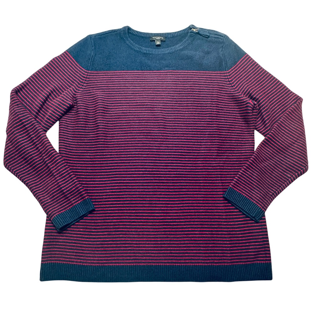 Talbots Striped Knit Pullover Sweater Womens Petite M Navy Preppy Cotton America